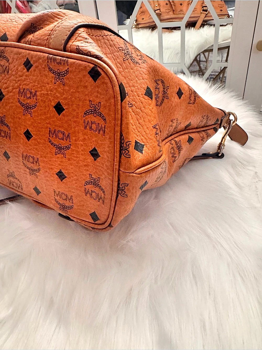 MCM Cognac Visetos Monogram Shopper Two-Way Tote Bag - Picture 4 of 14